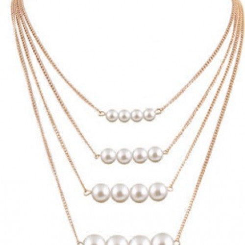 Alloy Plated Gold Big White Pearl Necklace Multi layer Link Chain